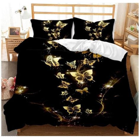 Housse de Couette Papillon doré,Fantaisie Papillon Housse de Couette,3D Microfibre Papillons Ensembles de literie 200x200 cm - EGR (1/3)