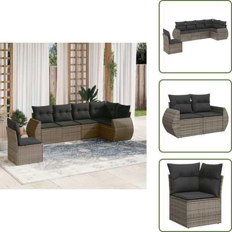 The Living Store Salon de jardin 6 pcs avec coussins gris résine tressée - Ensemble Salon De Jardin - Mobilier Extérieur - Canapé Jardin - Chaise Lounge - Set Salon De Jardin