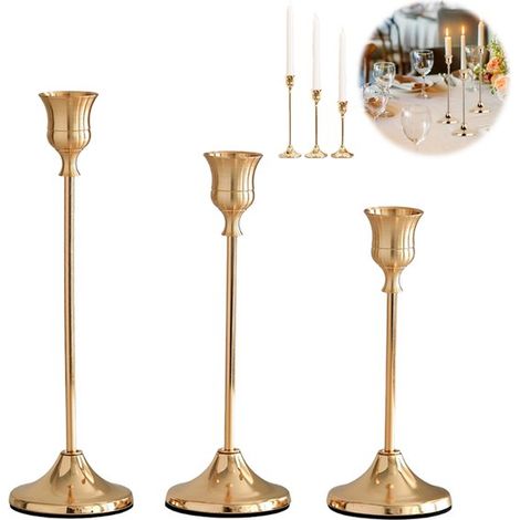 Lot de 3 bougeoirs dorés en métal (16/19/22 cm) pour décoration de table (mariage, dîner, Noël). (1/5)