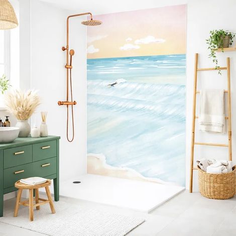 Lot de 2 panneaux de douche en aluminium (90x220 & 120x220 cm) + profilés blanc - Vagues Sunset - Bleu et blanc (1/5)