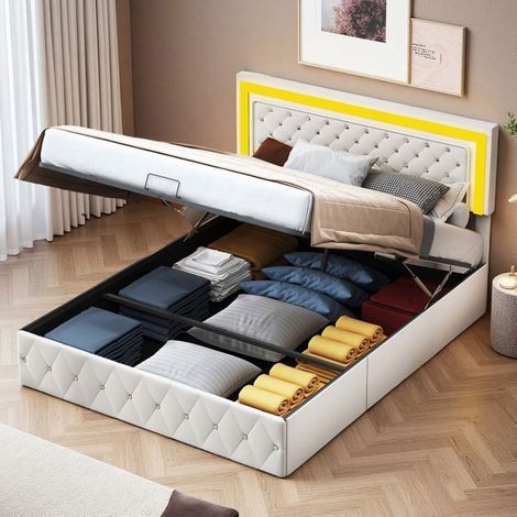 Estructura de cama 160x200 cm, DZW, cama doble, cama para adultos, con LED, terciopelo beige