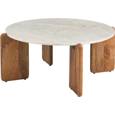 Mesa de centro moderna tablero de mármol patas de madera de mango marrón redonda 80 cm sala de estar beige claro Luno