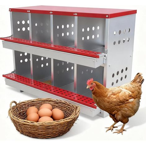 Pondoir Poules 8 Compartiments en Acier Galvanisé - Base Inclinée Anti-Salissure - Mural ou Posé - 92x42x63 cm - Rouge (1/5)