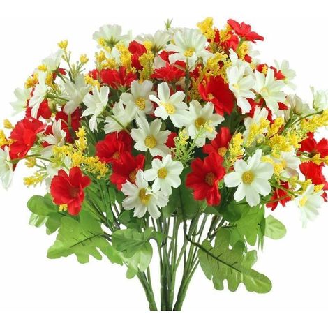 4 ramos de flores artificiales, 28 cabezas, lindas margaritas artificiales para uso exterior, bodas, decoración del hogar y jardín (rojo)