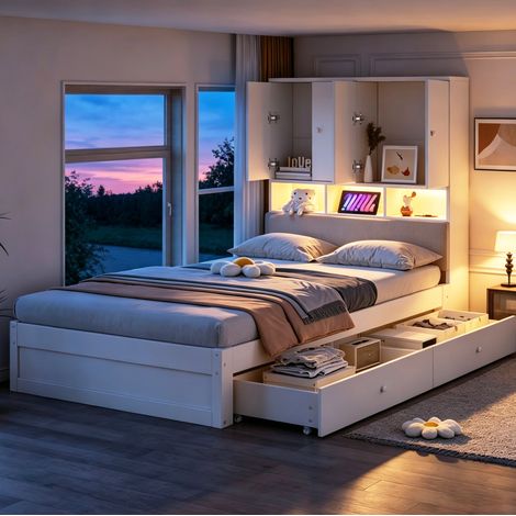 Cama multifuncional 90 x 200 cm con almacenaje, LED, enchufe, cajón y somier, blanca HAVRYA (1/5)