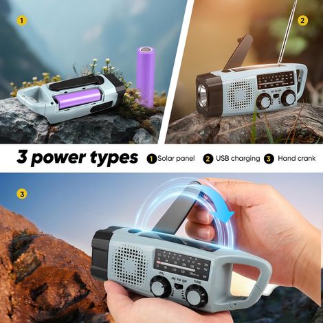 Radio solare di emergenza, radio AM/FM a dinamo con power bank da 2000 mAh, radio portatile a batteria con luce a dinamo, allarme SOS, pannello solare, altoparlanti per campeggio, escursionismo all'ap (1/4)