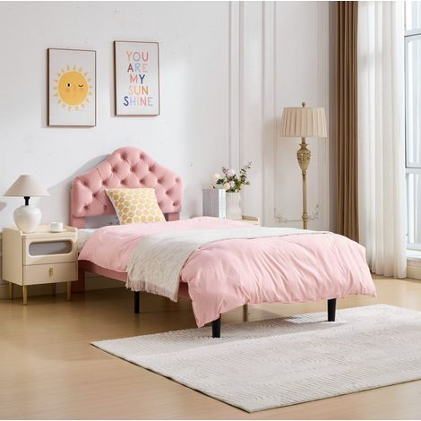 Lit simple capitonné moderne en velours rose 90x200 cm avec tête de lit réglable et sommier à lattes en bois
