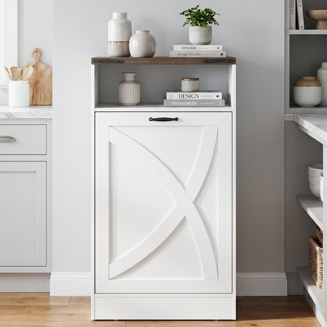 Parrot Uncle Slim Storage Cabinet, 53cm Narrow Tall Cabinet with Hidden Storage, White Farmhouse Storage Cabinet with Rustic Oak Top for Kitchen Hallway Bedroom and Small Spaces (1/5)