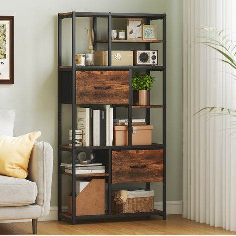 Mueble de almacenaje con 2 cajones de tela, 9 compartimentos, acero, marrón y negro HAVRYA (1/5)