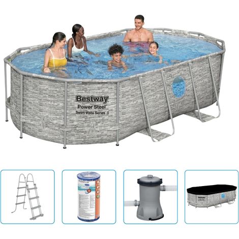 Piscine Bestway Power Steel Swim Vista - 427 x 250 x 100 cm - Imprimé pierre - Ovale - Avec pompe de filtration + accessoires (1/5)