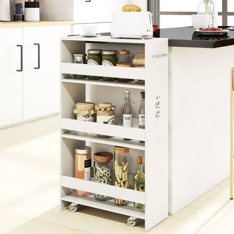 Chariot de rangement fin 20 cm avec station de charge, chariot de cuisine roulant 4 niveaux avec poignée et garde-corps - blanc (1/5)