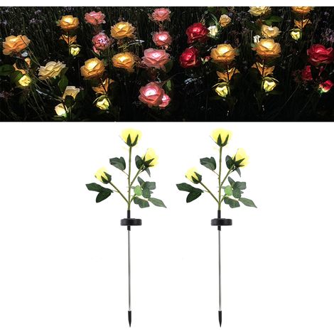Set mit 2 blütenförmigen LED-Solarleuchten für Rosen, Gartenleuchte mit Bodenfassung, Rasenleuchte, Außenbeleuchtung, wird paarweise verkauft (zwei gelbe). (1/5)