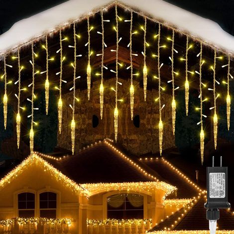 Guirlande lumineuse de Noël en forme de stalactites, 9 m (29,5 pi), 360 DEL, 8 motifs, guirlande lumineuse féerique en rideau, 60 gouttes, (blanc pur) (1/3)