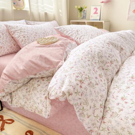 Parure de lit fleurie 135x200 Coton Blanc Rose à Motif de Fleurs et de Feuilles avec Fermeture Éclair - Ensemble de Literie à 2 Pièces - Housse de Couette et Taie d'Oreiller 80x80 cm (1/5)