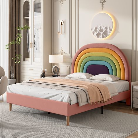 Letto imbottito 140x200 cm in velluto rosa con testiera regolabile e rete a doghe in legno (1/5)