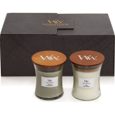 WoodWick candele profumate in confezione regalo Candele profumate Fireside e Linen a ellisse con stoppino scoppiettante Fino a 60 ore di durata ciascuna Confezione regalo 2 pezzi (1/5)
