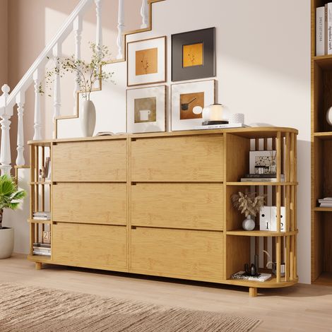 ELVMI Buffet et Enfilade avec 6 Tiroirs et Étagères Ouvertes Pieds Réglables pour Salon en MDF et Bambou 160 x 40 x 75 cm Chêne