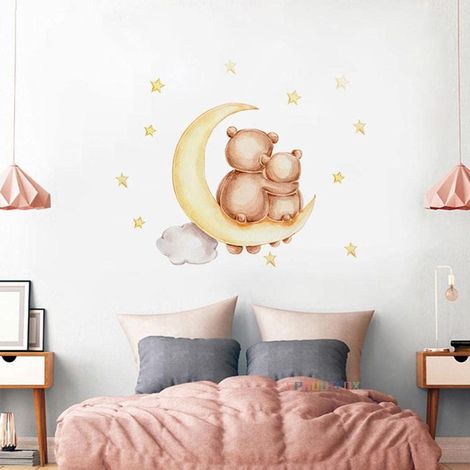 Sticker mural ours mignon suspendu à la lune – stickers muraux pour enfants