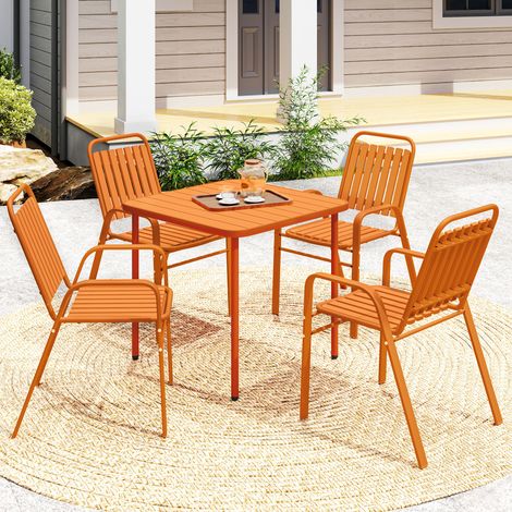 Gartentisch mit 4 stapelbaren Stühlen, 80 cm breite Lattenrost-Tischplatte, rostfreiem Stahlgestell, orange