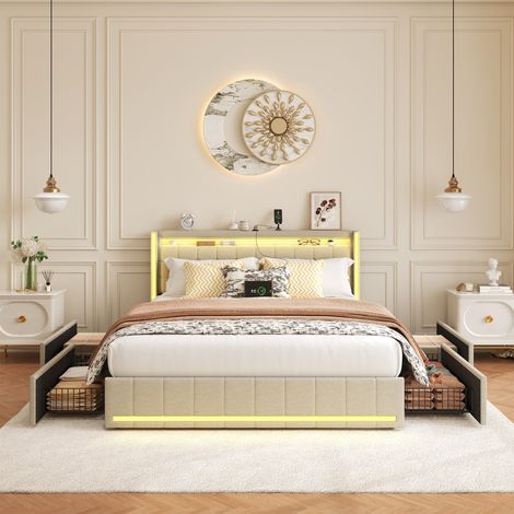 Bett 140x190 cm mit Stauraum, Doppelbett mit USB- und Typ-C-Anschlüssen, LED-Beleuchtung, Polsterbett mit 4 Schubladen, Bett für Erwachsene, Bettwäsche, (140x190 cm, Beige)
