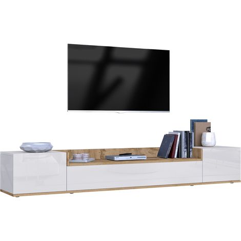 TV-Schrank Oxanna, 3 Regale, 3 Türen Made in Italy, 4 Fächer, 200x35x30 cm, Weiß Hochglanz