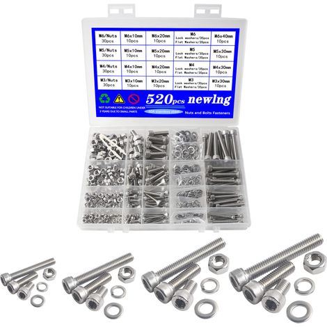 520pcs M3 M4 M5 M6 Jeu de Boulon et écrous Vis à Tête Cylindrique à Six Pans Creux en Acier Inoxydable Bouton à tête Hexagonale Socket 304 Boulons Vis avec écrous Rondelles Assortiment Kit (1/5)