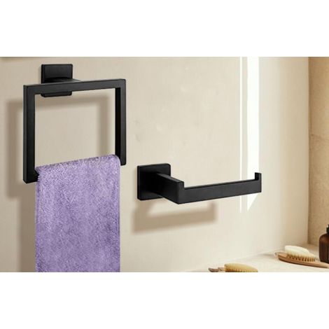 Lot de 2 accessoires salle bain noir mat, porte-papier et anneau porte-serviettes (1/4)