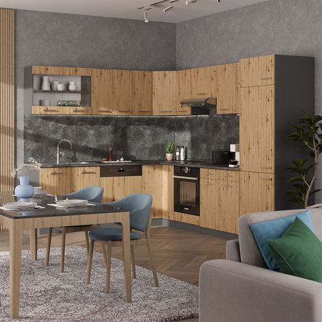 Cocina esquinera R-Line, Roble artesanal/antracita, 227 x 287 cm , ET Roble, Vicco