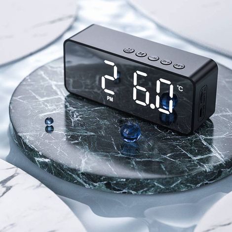 Mini Miroir Enceinte Bluetooth Réveil Carte d'Accueil Noir (1/5)