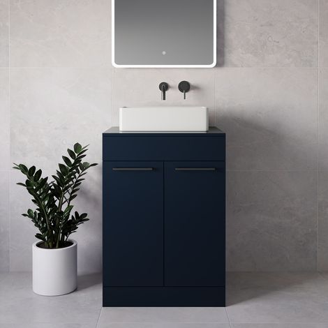 Napoli 460 Deep Blue 600mm 2 Door Vanity Unit for Countertop Basins - 600mm - Gunmetal Grey 160mm Handle