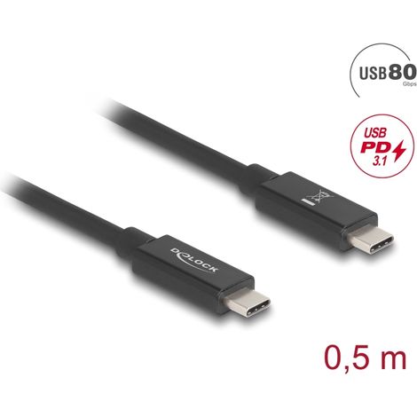 Delock Cable USB 80 Gbps USB Type-Câ¢ macho a macho PD 3.1 240 W E-Marker coaxial 0,5 m negro