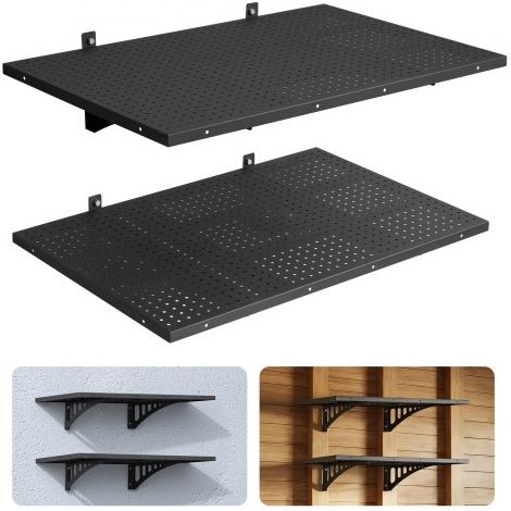 Estantería de Pared de Acero Resistente 610x914 mm, Carga 254kg en Total 127kg por Estante, Distancia Ajustable, Juego de 2 Estanterías Flotantes con Ganchos para Garaje Cocina Lavandería Taller (1/5)