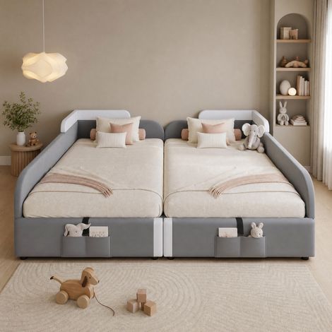 Cama infantil con canapé de terciopelo gris 90 x 200 cm x2, almacenaje hidráulico, HAVRYA (1/5)