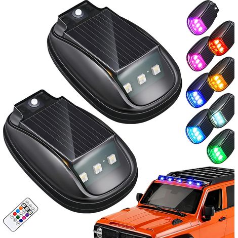 Paquete de 4 luces intermitentes RGB con energía solar - Inalámbricas con control remoto y 8 colores - Resistentes al agua y sin necesidad de taladrar - Montaje gratuito - Para coche - Paquete de 4 (1/4)