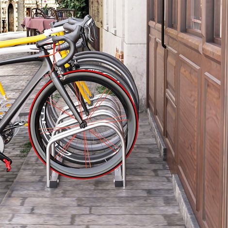 Porte-vélos au sol ou au mur - 110x33x27 cm - roues jusqu’à 65 mm - porte-vélos au sol pour 4 vélos en acier - argent (1/4)