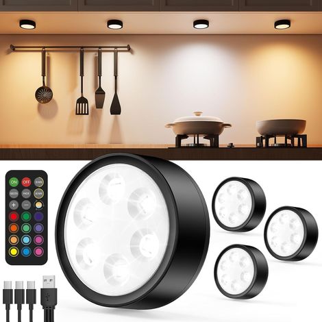 2400mAh Lampe Placard Télécommande, Spot LED Vitrine Rechargeable USB, RGB, Minuterie, Autocollant, Magnétique Batterie de Eclairage Cuisine Sous Meuble Sans Fil Pile pour, Armoire, Escalier (1/5)
