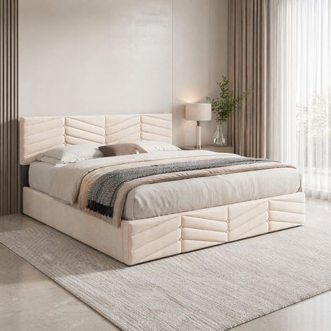 Lit coffre 140x190 cm velours beige sommier à lattes tête de lit réglable - CHICFURN (1/5)