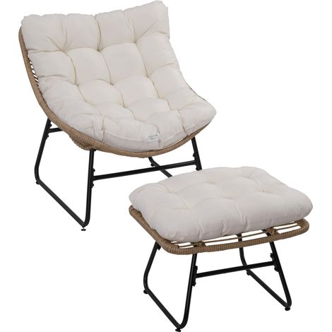 Chaise jardin repose-pieds métal epoxy résine imitation osier coussins moelleux naturel
