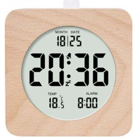 carré Réveil numérique en bois, réveil matinal, horloge numérique LCD avec affichage de la date, de la température, de la répétition, du rétroéclairage, horloge numérique alimentée par batterie (1/5)