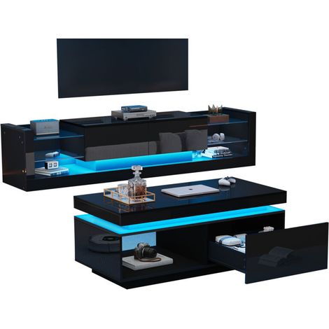 Ensemble meuble TV mural, meuble TV noir + table basse noire, meuble mural noir laqué brillant, ensemble salon, ensemble laqué brillant avec éclairage LED