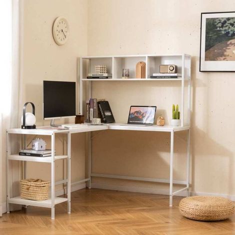 Gain de place et rangement, bureau d'angle blanc avec étagère, grand bureau informatique en L pour maison ou bureau (1/2)