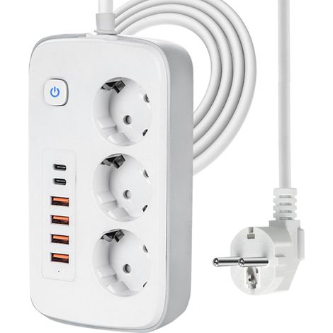 Multiprise avec interrupteur,3 voies + 4 ports USB-B et 2 USB-C,prise multiple avec sécurité enfant,idéale pour maison et bureau (Blanc) (1/5)