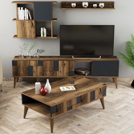Wohnwand-Set Segrate, modular, 9 Fächer, 2 Türen, Nussbaumbraun (1/3)
