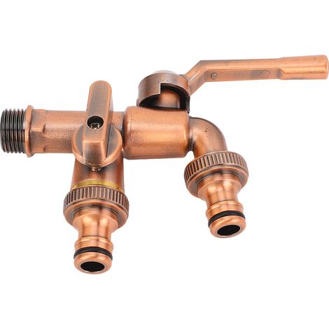 Robinet double en laiton avec entrée 3/4 pouce et double sortie 25 mm pour tuyau d'arrosage. (1/5)