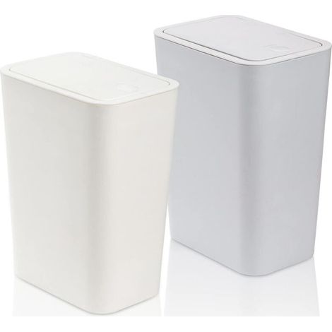 Lot de 2 poubelles en plastique de 7,5 litres avec couvercle à pression, corbeille à déchets pour cuisine, salle de bain, salon, bureau, endroit étroit (blanc + bleu)