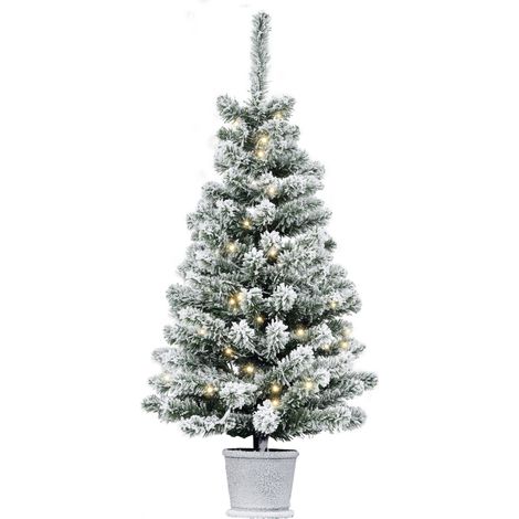 Árbol de Navidad artificial cubierto de nieve con 60 luces LED blancas y 116 ramas, árbol con iluminación integrada, maceta extraíble, Φ40x90cm, verde (1/5)