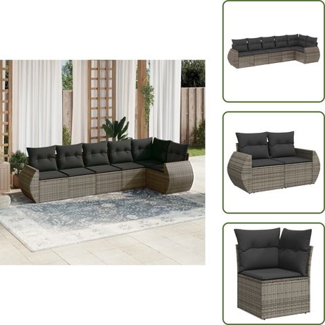 6-tlg. Garten-Sofagarnitur mit Kissen Grau Poly Rattan - Gartenmöbel - Outdoor-Möbel - Rattanmöbel - Lounge Set - Esszimmergarnitur (1/5)