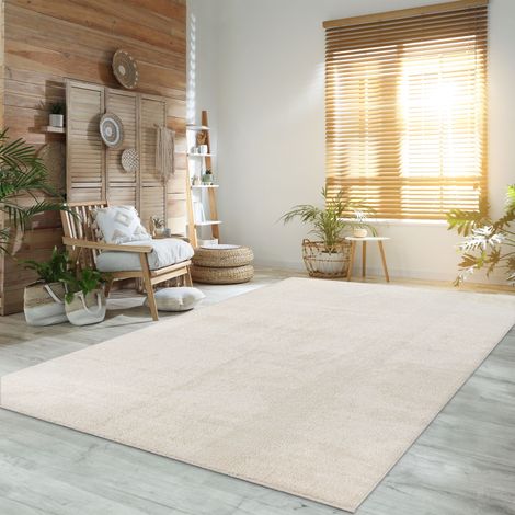 Paco Home Tapis de salon Unicolore Lavable Pile courte et douce 120 cm rond, Crème 2