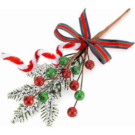 Rametti pick di bacche glitterate con decoro bastoncino di zucchero, aghi di pino innevati e fiocco in raso, set da 20 pezzi, cm 13 H (con gambo 21)