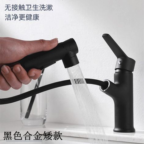 Brass pull-out basin faucet for hot and cold water, bathroom vanity basin, splash-proof telescopic faucet - Alloy Black [with hose]